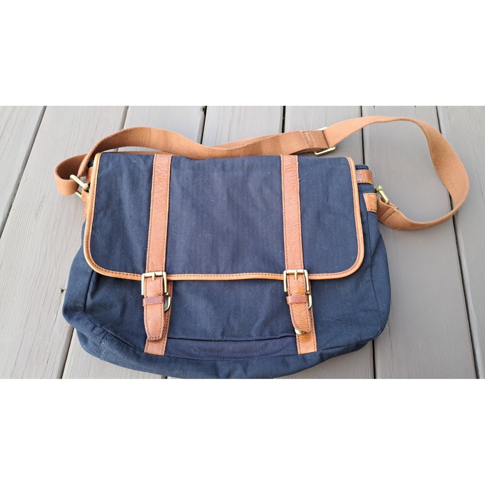 Fossil Mens Black Canvas Leather Trim Messenger Bag Laptop Crossbody Briefcase